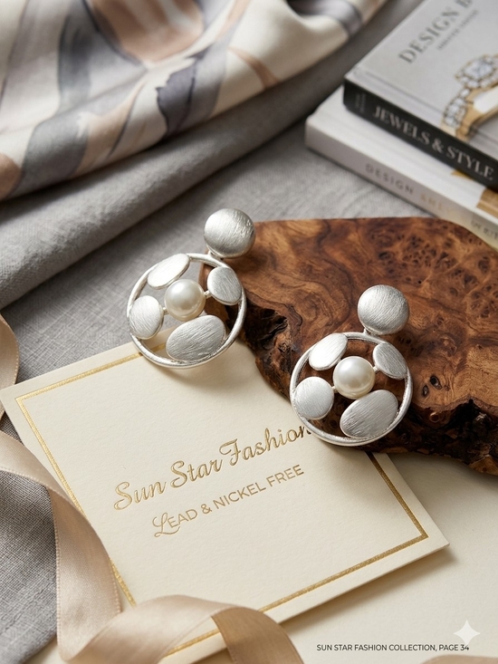 Sun Star Fashion Jewelry - Sun Star Women's Silver Pearl Circle Drop Earrings